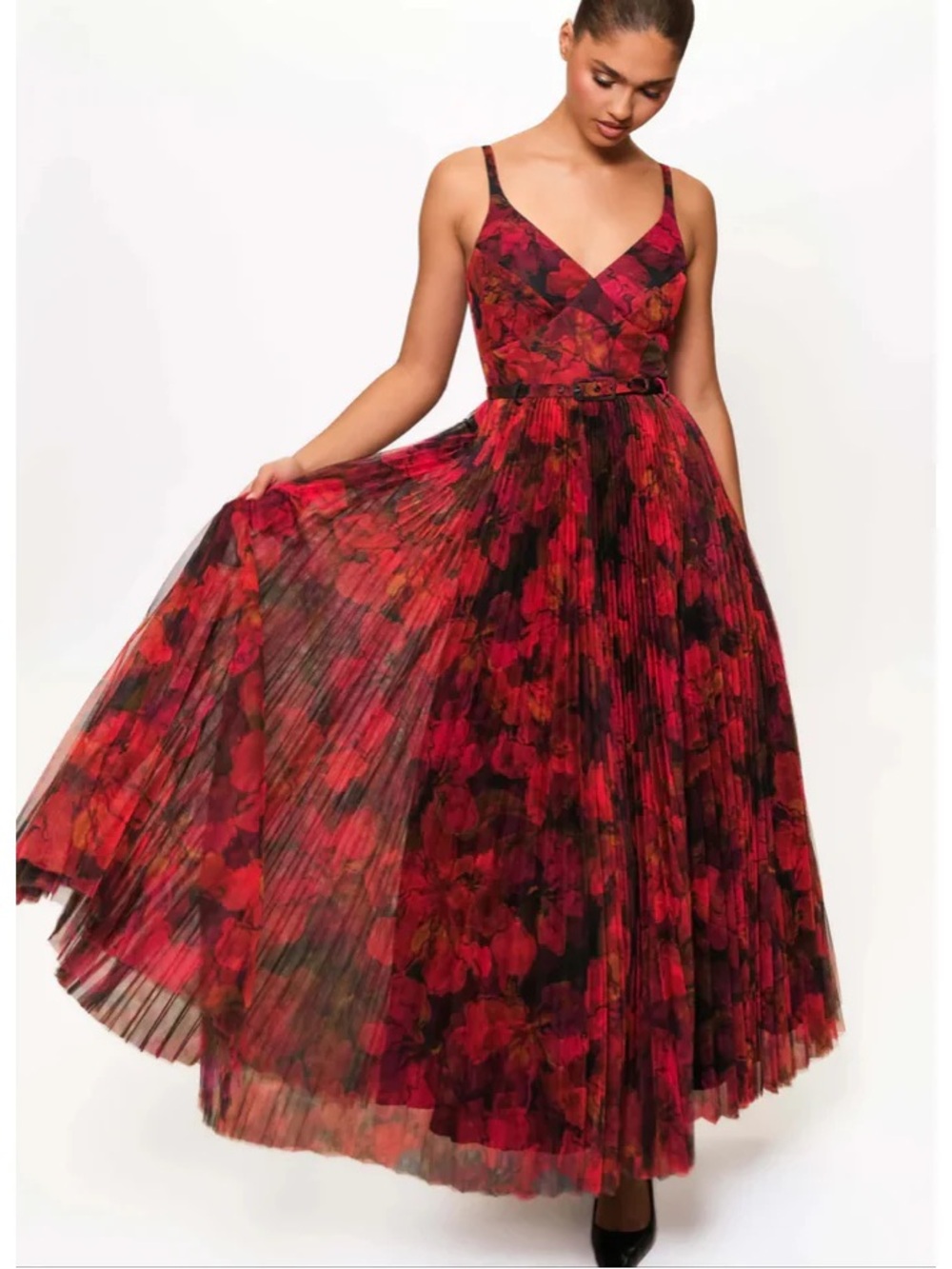 Hutch Red Floral Pleated Maxi Dress